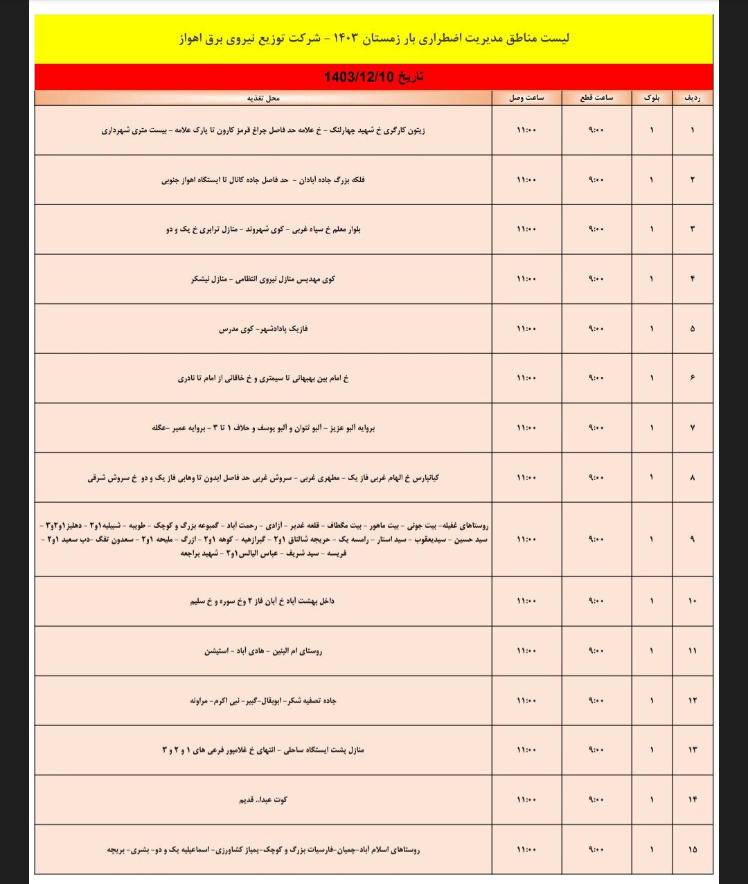 برنامه قطعی برق اهواز جمعه ۱۰ اسفند/ ۱۳۱ نقطه اهواز فردا خاموش میشود