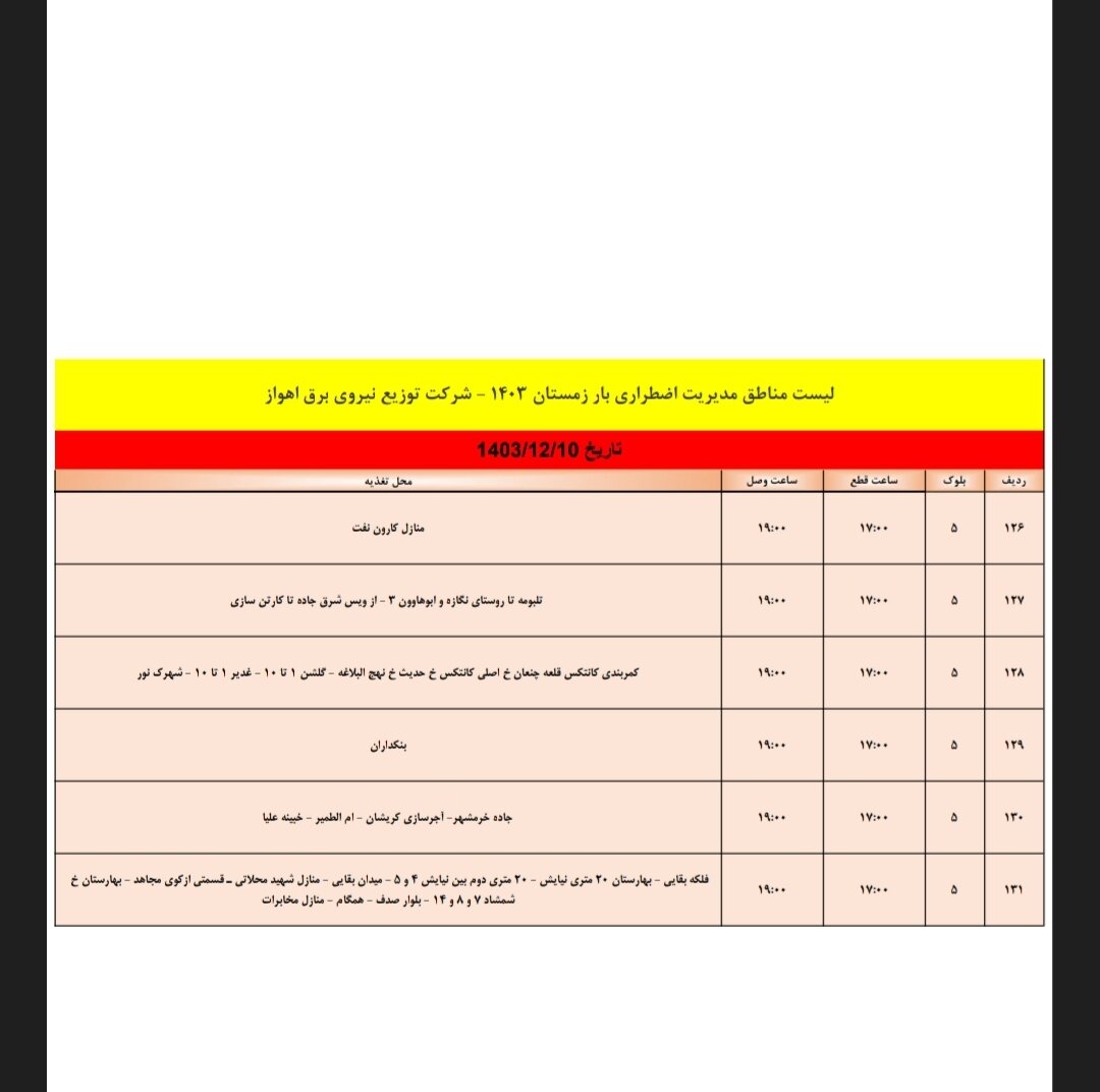 برنامه قطعی برق اهواز جمعه ۱۰ اسفند/ ۱۳۱ نقطه اهواز فردا خاموش میشود