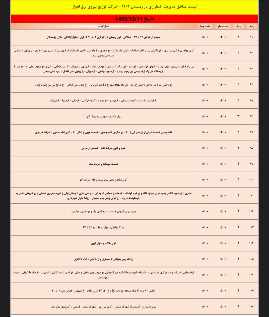 برنامه قطعی برق اهواز شنبه ۱۱ اسفند/ ۱۴۳ نقطه اهواز فردا خاموش می‌شود