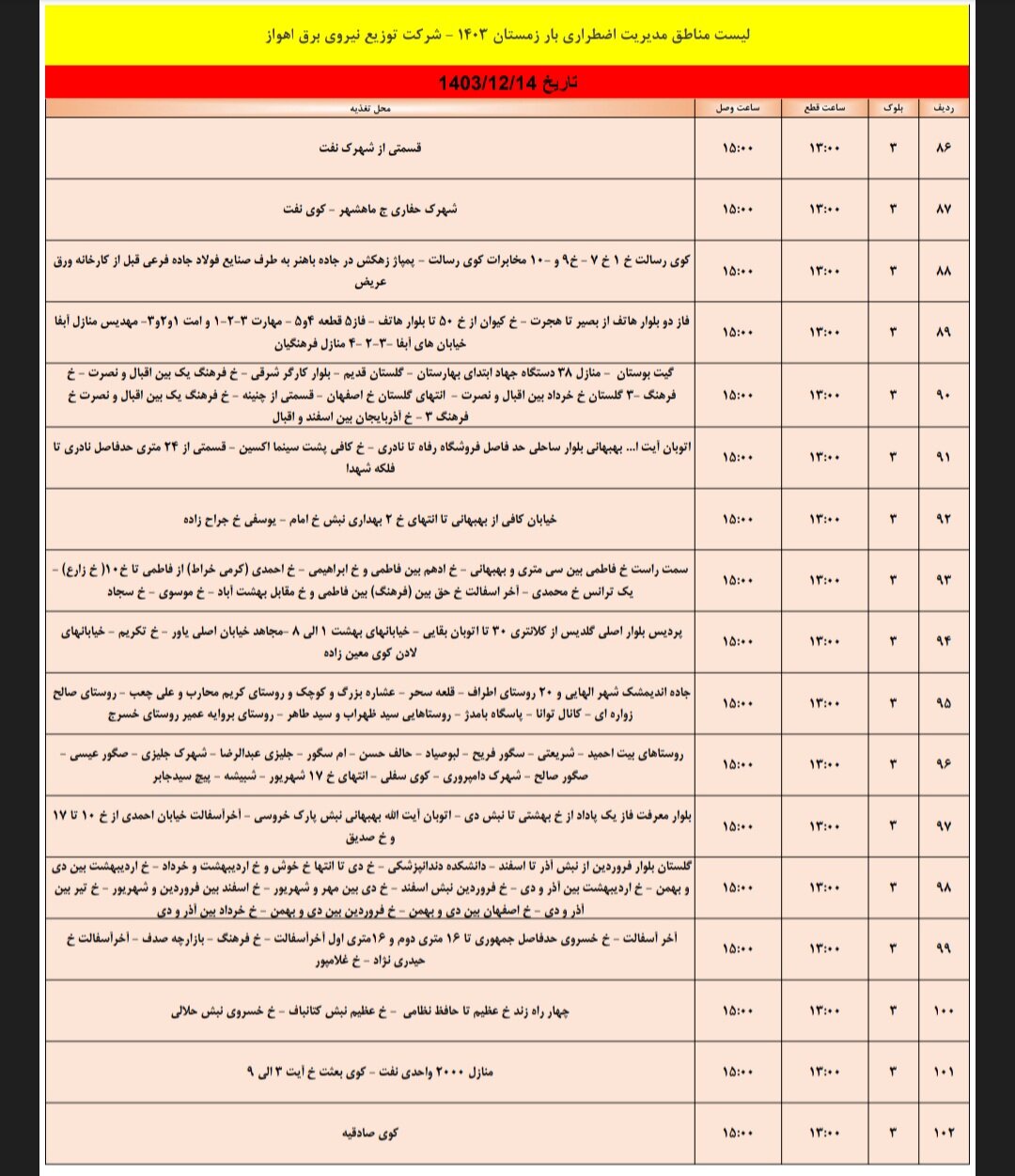 برنامه قطعی برق اهواز سهشنبه ۱۴ اسفند/ ۱۴۳ نقطه اهواز فردا خاموش میشود