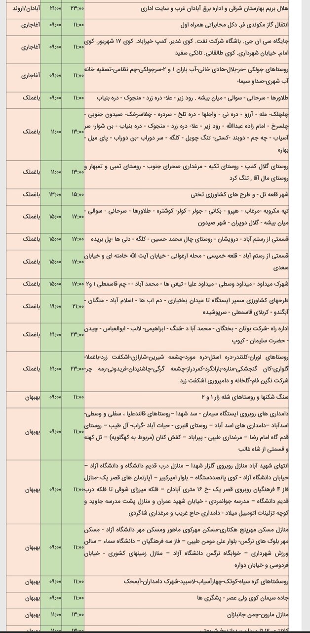 برنامه قطعی برق شهرهای خوزستان سه‌شنبه ۱۴ اسفند