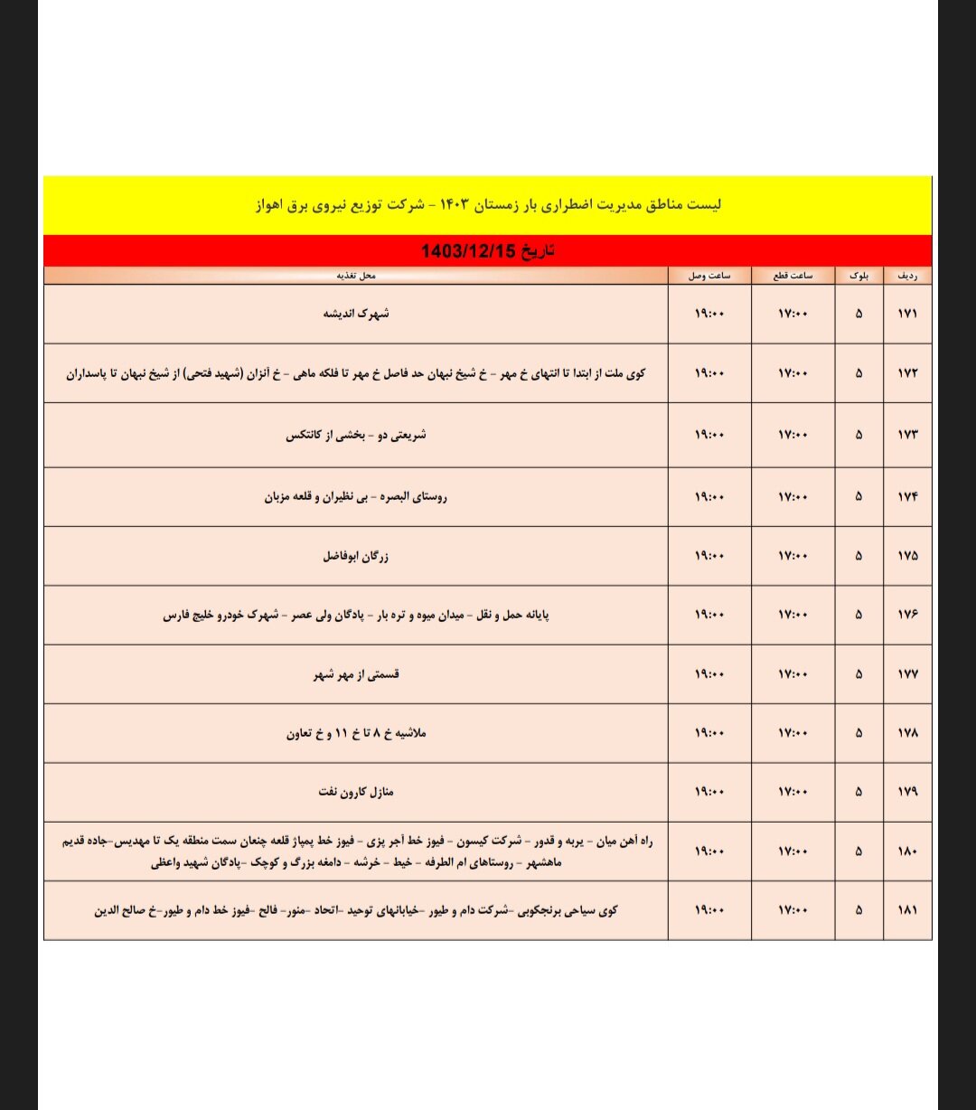 برنامه قطعی برق اهواز چهارشنبه ۱۵ اسفند/ ۱۸۱ نقطه اهواز فردا خاموش می‌شود