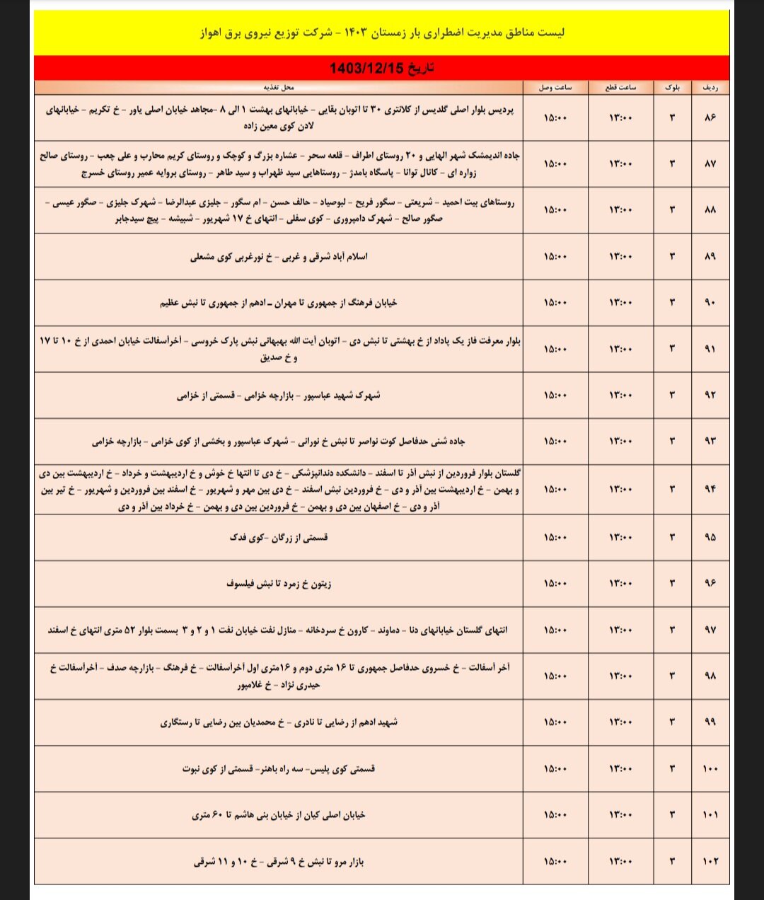 برنامه قطعی برق اهواز چهارشنبه ۱۵ اسفند/ ۱۸۱ نقطه اهواز فردا خاموش می‌شود