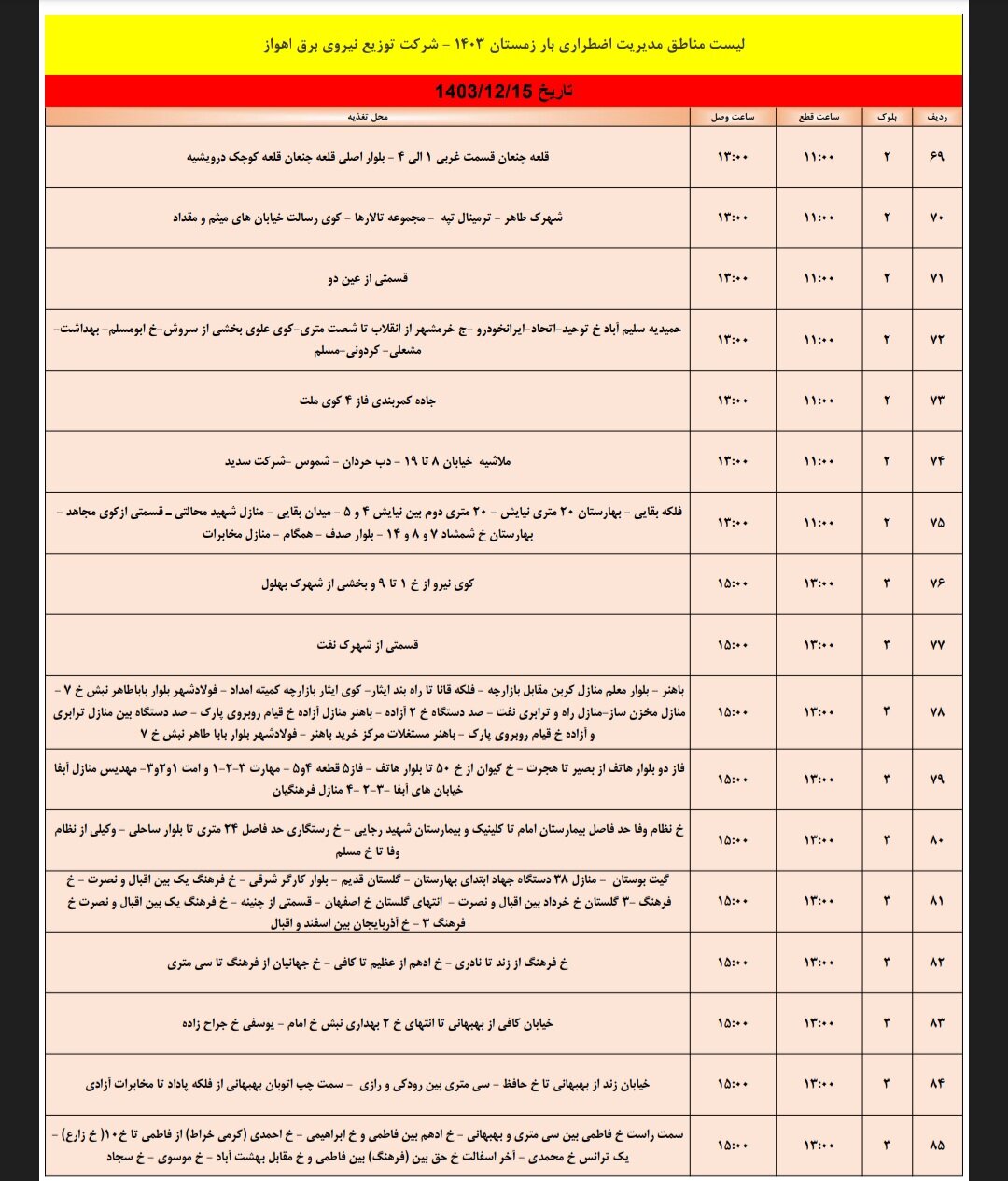 برنامه قطعی برق اهواز چهارشنبه ۱۵ اسفند/ ۱۸۱ نقطه اهواز فردا خاموش میشود