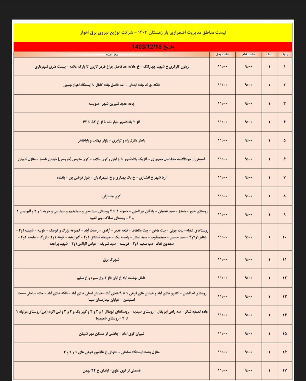 برنامه قطعی برق اهواز چهارشنبه ۱۵ اسفند/ ۱۸۱ نقطه اهواز فردا خاموش میشود