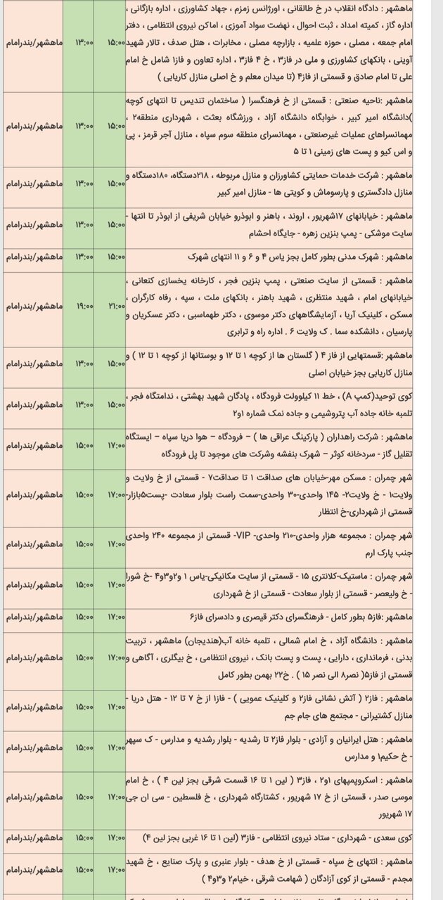 جدول خاموشی شهرهای خوزستان چهارشنبه ۱۵ اسفند