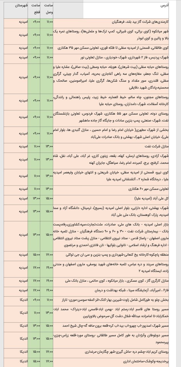 جدول خاموشی شهرهای خوزستان چهارشنبه ۱۵ اسفند