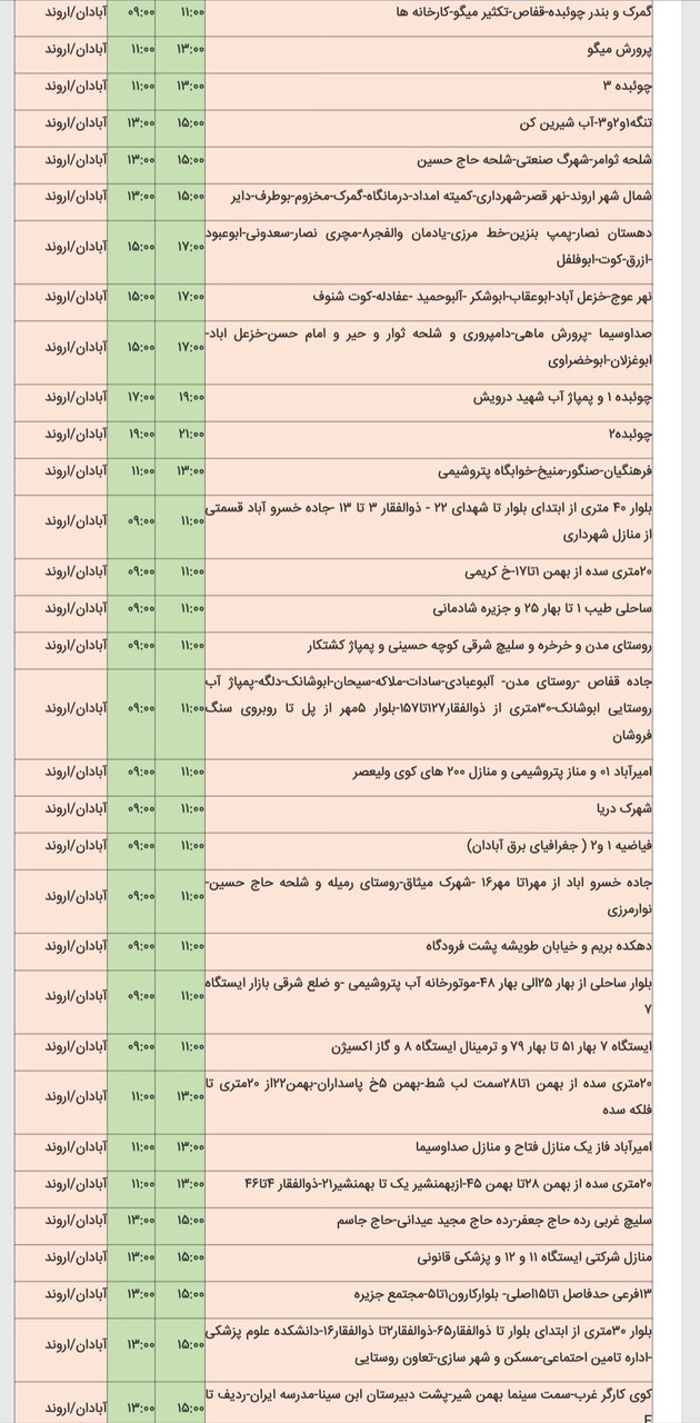 جدول خاموشی شهرهای خوزستان چهارشنبه ۱۵ اسفند