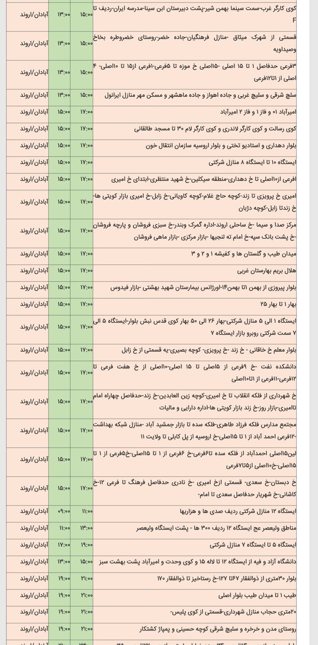 جدول خاموشی شهرهای خوزستان چهارشنبه ۱۵ اسفند