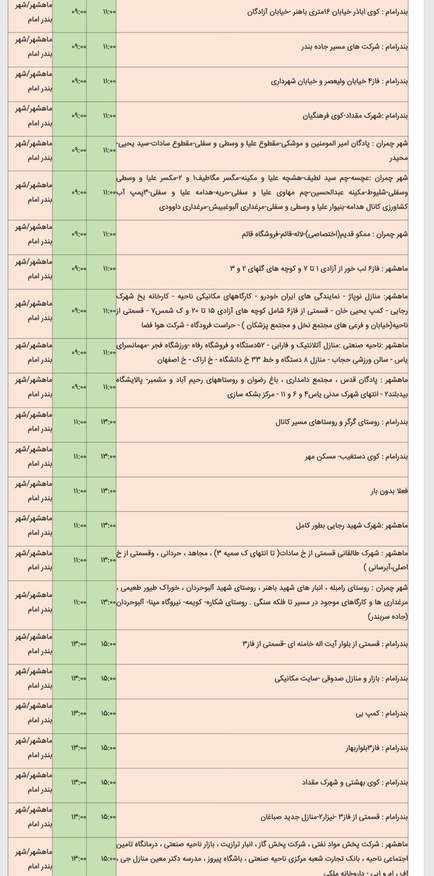 جدول خاموشی برق شهرهای مختلف خوزستان پنجشنبه ۱۶ اسفند