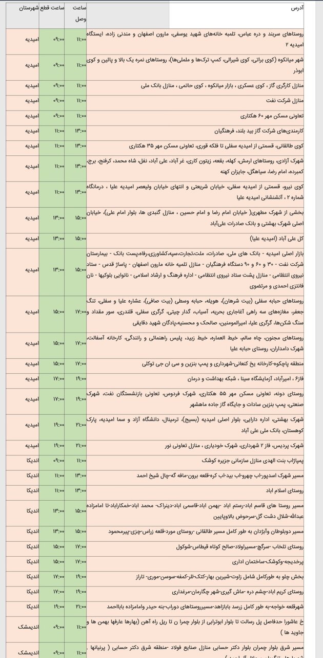 جدول خاموشی برق شهرهای مختلف خوزستان پنجشنبه ۱۶ اسفند