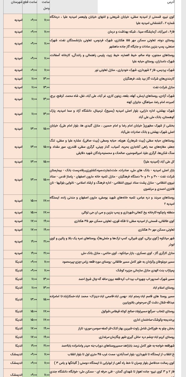 جدول خاموشی برق شهرهای مختلف خوزستان جمعه ۱۷ اسفند