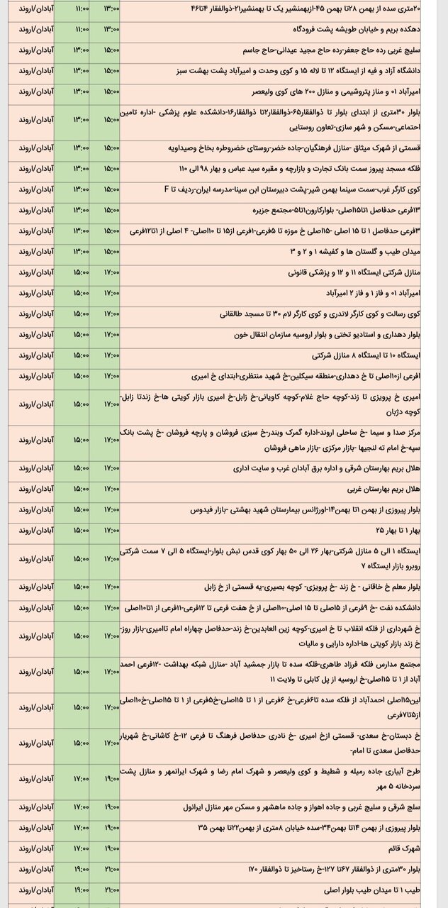 جدول خاموشی برق شهرهای مختلف خوزستان جمعه ۱۷ اسفند