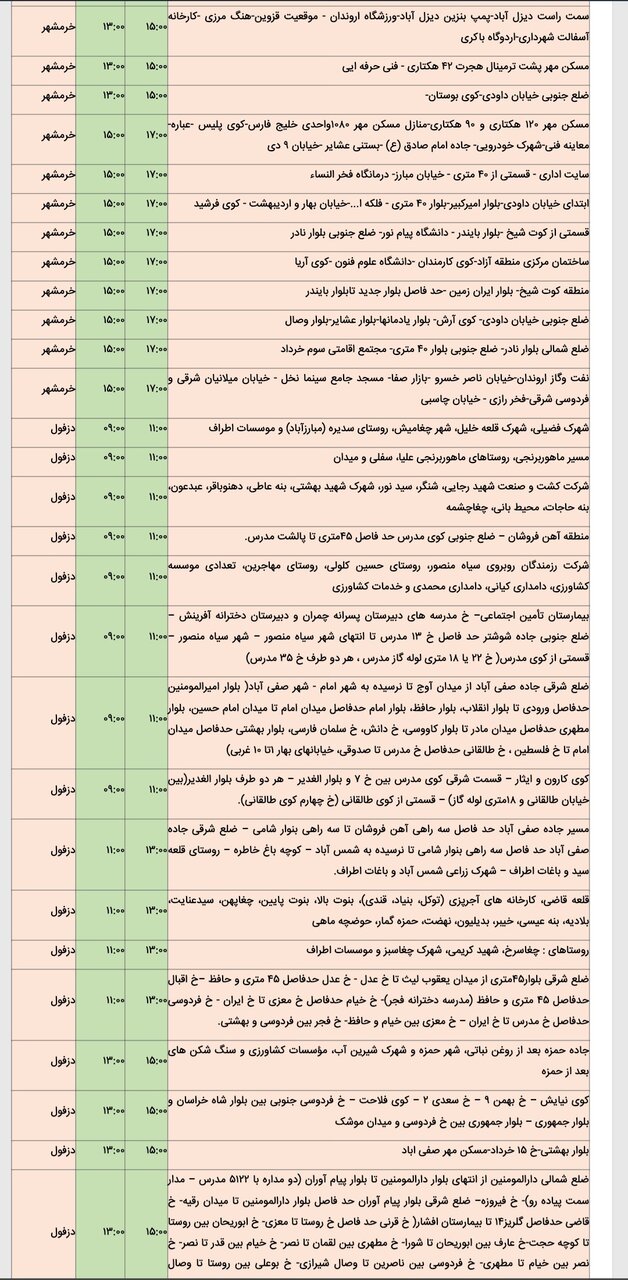 جدول خاموشی برق شهرهای مختلف خوزستان جمعه ۱۷ اسفند