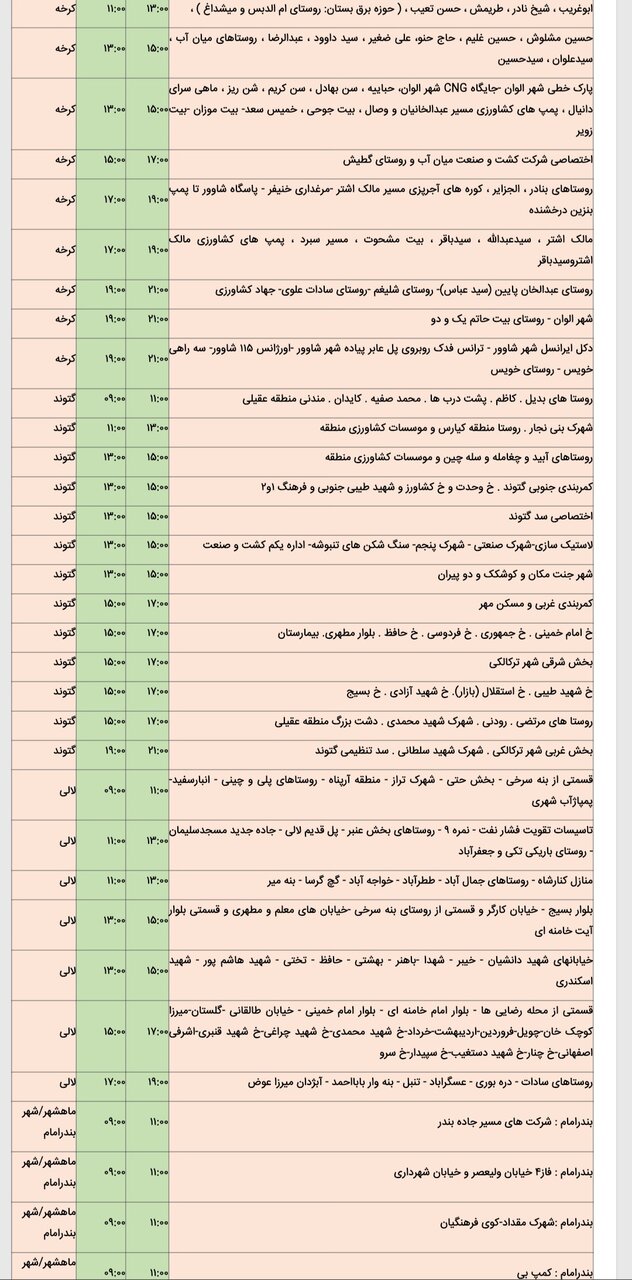 جدول خاموشی برق شهرهای مختلف خوزستان جمعه ۱۷ اسفند