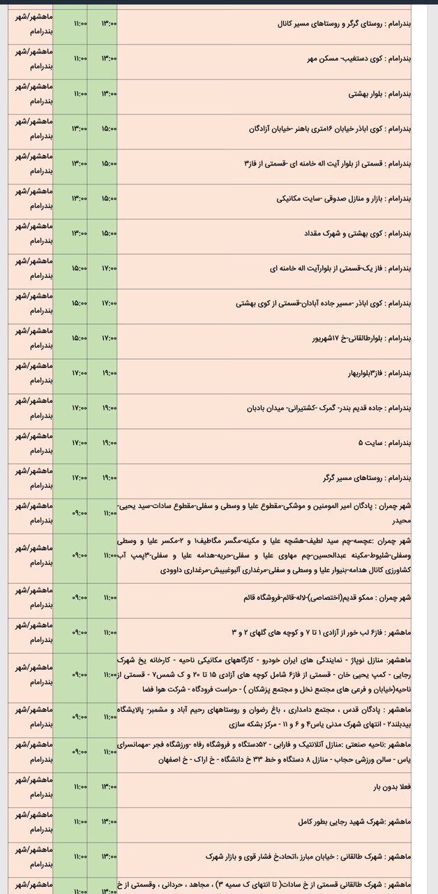 جدول خاموشی برق شهرهای مختلف خوزستان جمعه ۱۷ اسفند