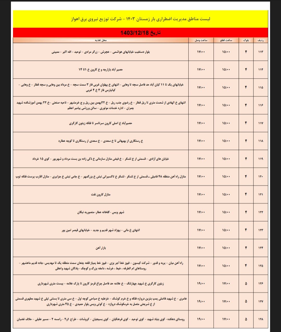 برنامه قطعی برق اهواز شنبه ۱۸ اسفند/ ۱۴۲ نقطه اهواز فردا خاموش میشود
