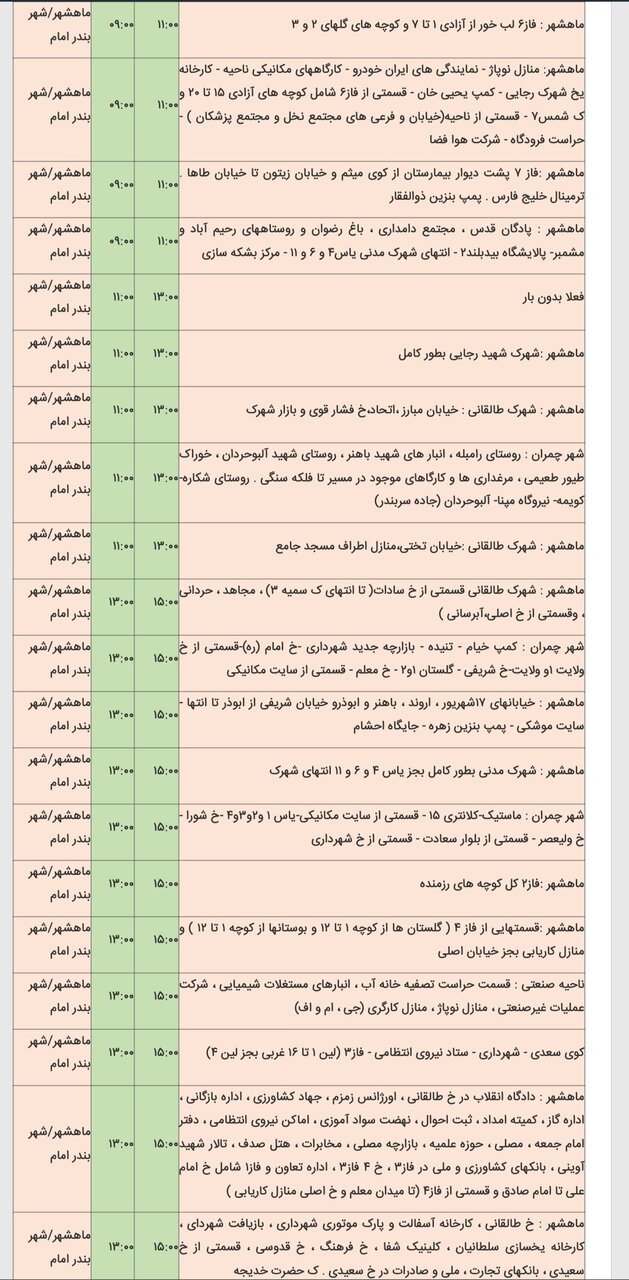 جدول خاموشی برق شهرهای مختلف خوزستان شنبه ۱۸ اسفند