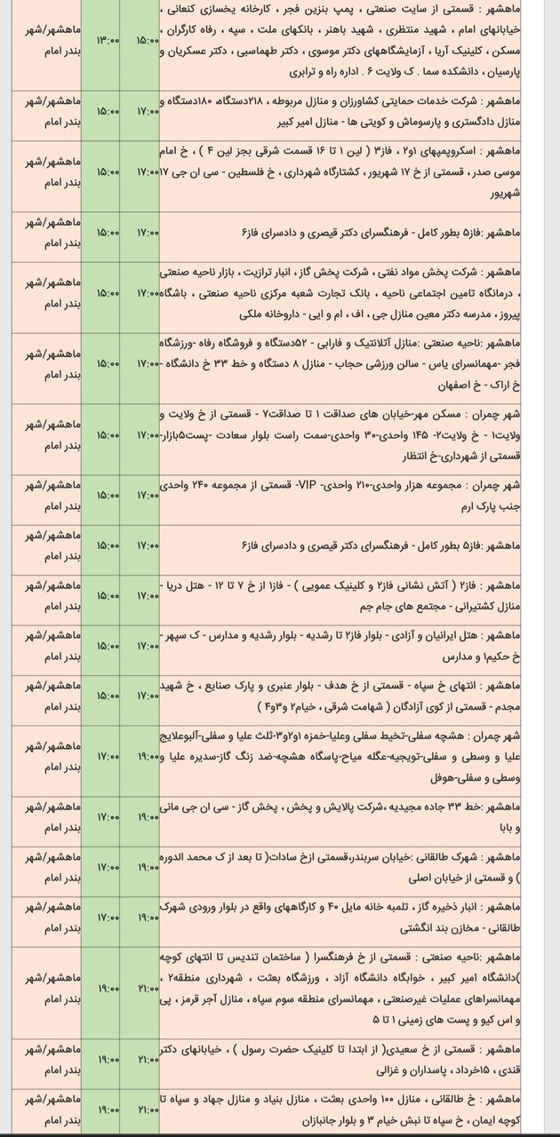 جدول خاموشی برق شهرهای مختلف خوزستان شنبه ۱۸ اسفند
