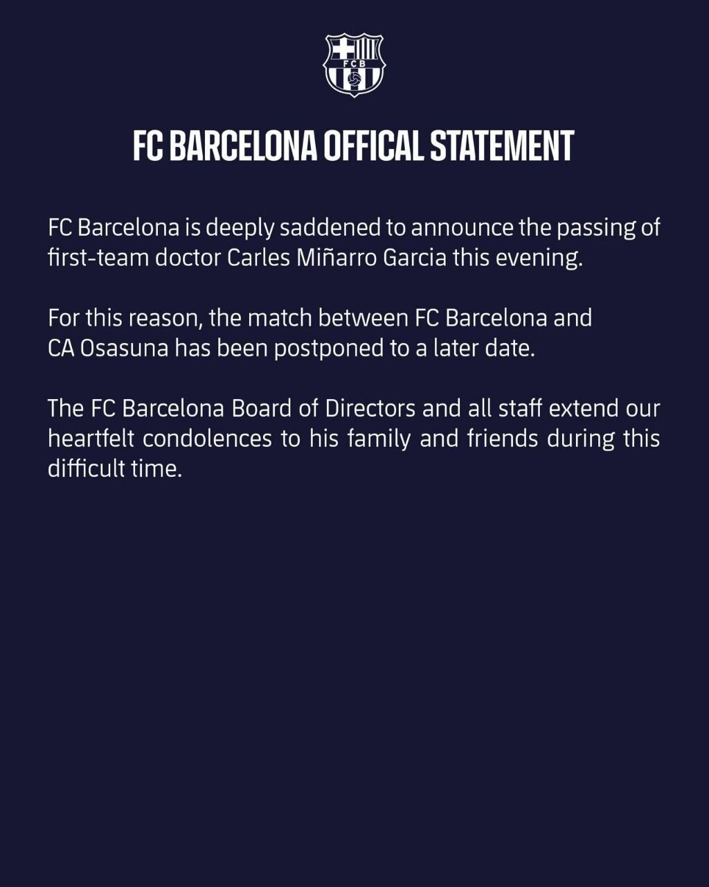 بازی بارسلونا و اوساسونا لغو شد / باشگاه بارسونا: دکتر تیم در گذشت!