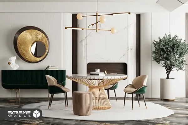 استفاده از جزییات لوکس و متالیک مانند طلایی، نقرهای و برنز در دکوراسیون مدرن و مینیمال برای ایجاد تضاد و زیبایی.