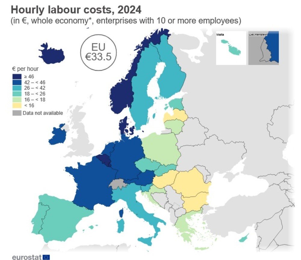 شکاف نجومی هزینههای ساعتی نیروی کار در اتحادیه اروپا