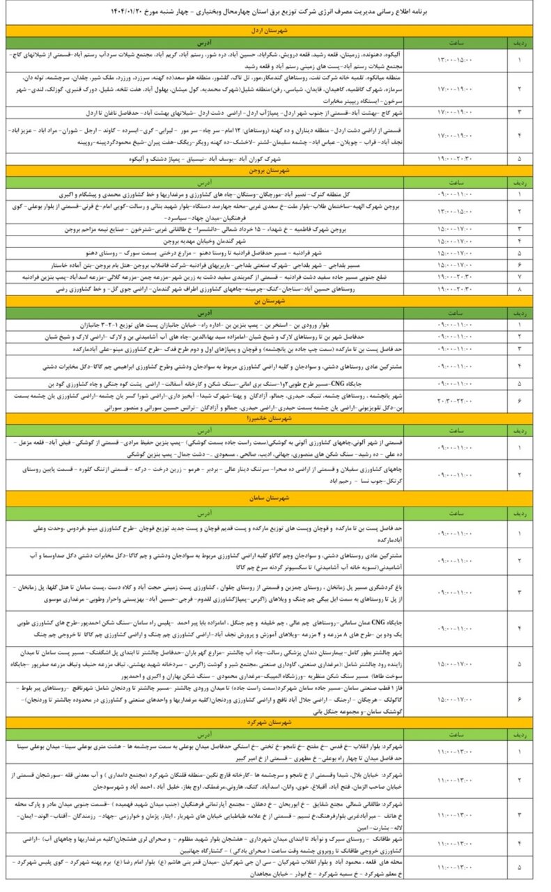 برنامه قطعی برق چهارمحال و بختیاری چهارشنبه ۲۰ فروردین + جدول