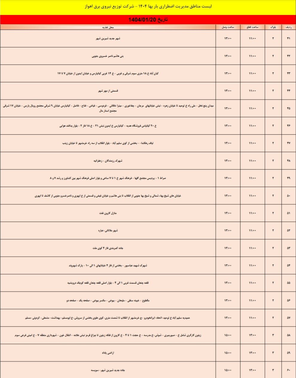 برنامه قطعی برق اهواز سه‌شنبه‌۲۰ فروردین