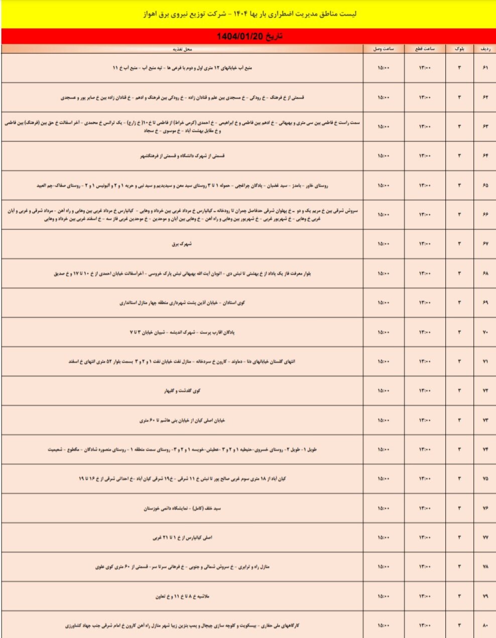 برنامه قطعی برق اهواز سه‌شنبه‌۲۰ فروردین