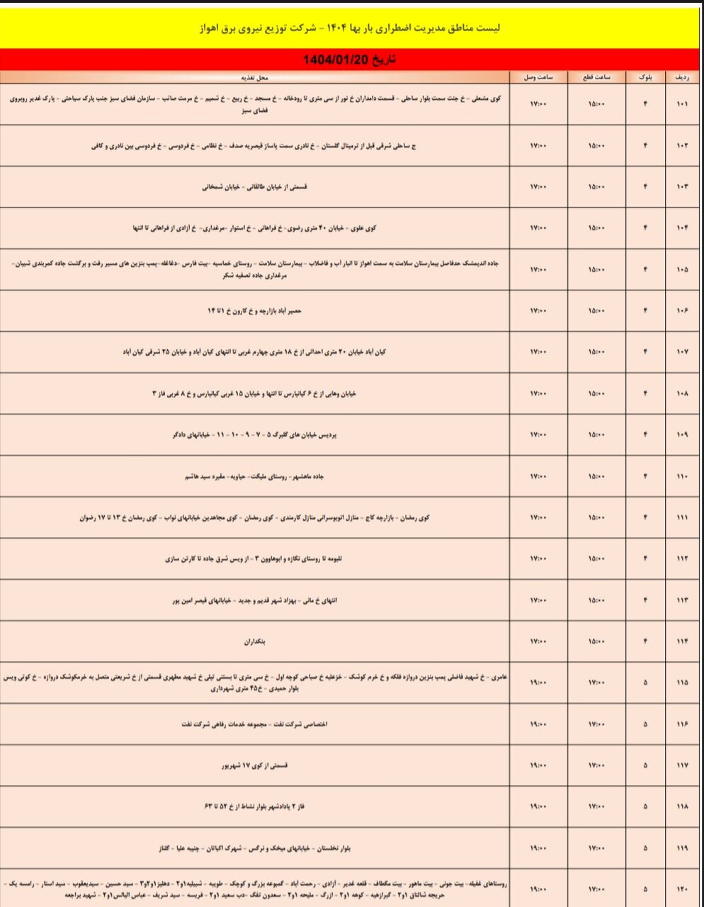 برنامه قطعی برق اهواز سه‌شنبه‌۲۰ فروردین