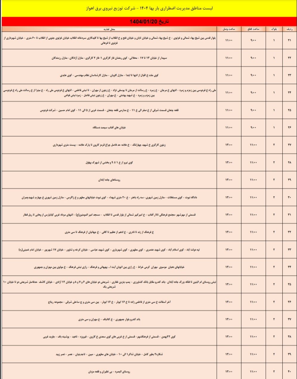 برنامه قطعی برق اهواز سه‌شنبه‌۲۰ فروردین