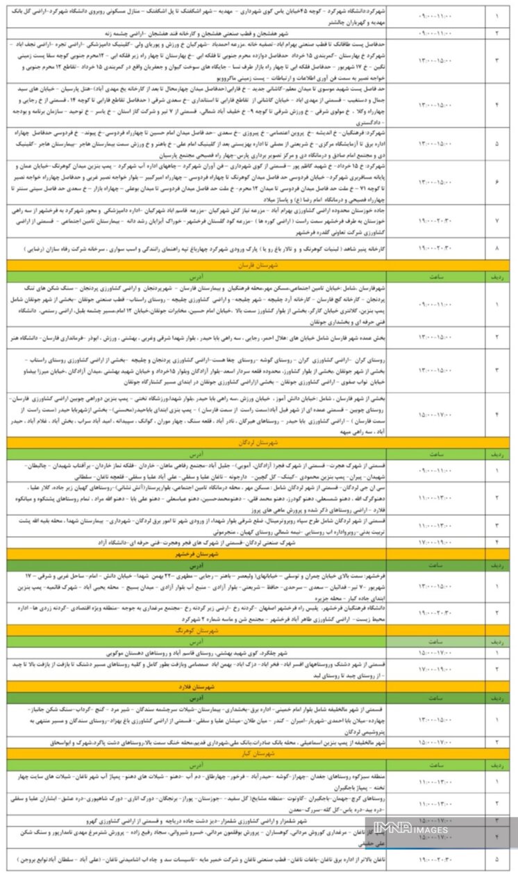 برنامه قطعی برق چهارمحال و بختیاری پنجشنبه ۲۱ فروردین + جدول