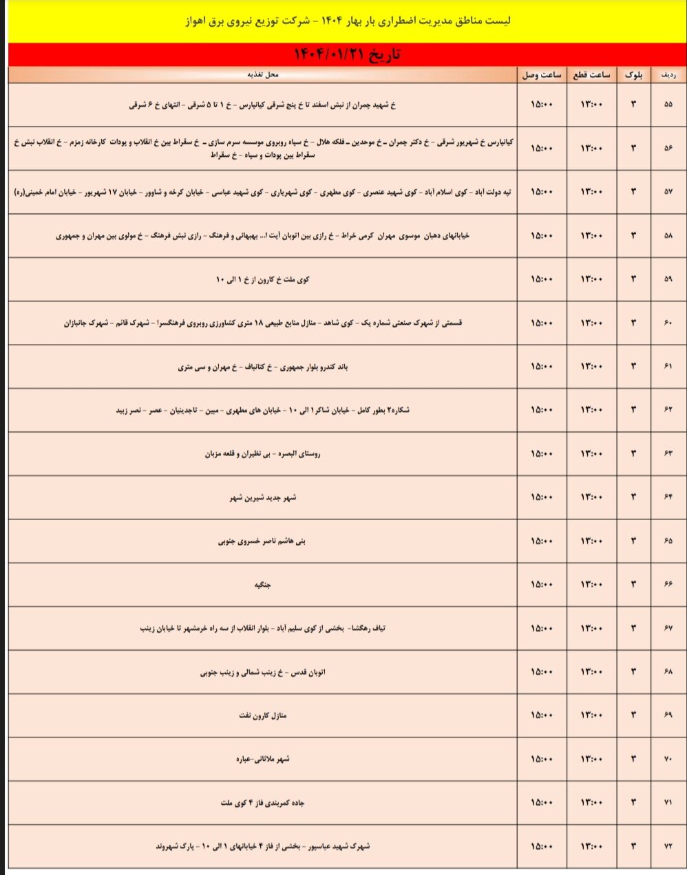 جدول خاموشی برق اهواز پنجشنبه ۲۱ فروردین