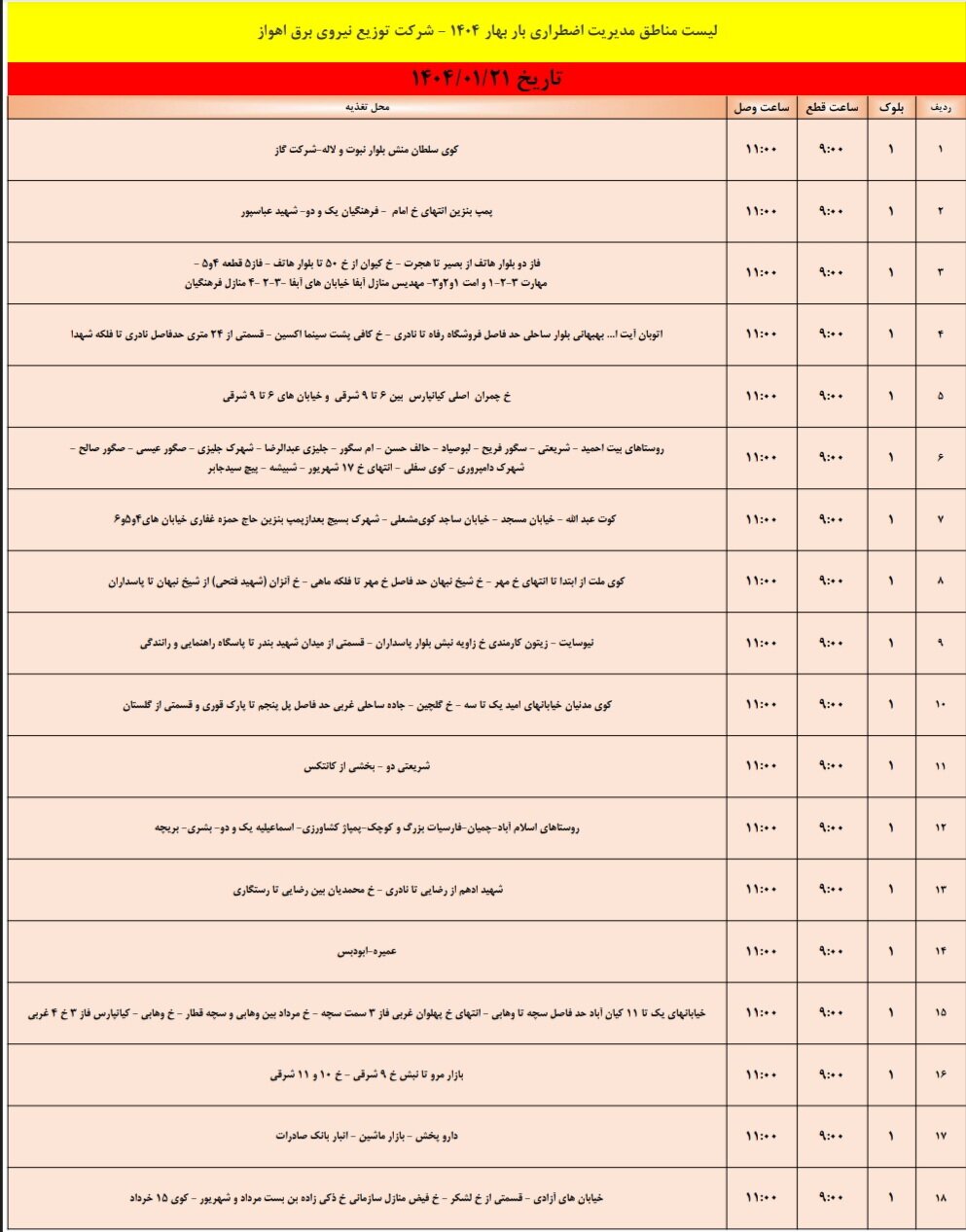 جدول خاموشی برق اهواز پنجشنبه ۲۱ فروردین