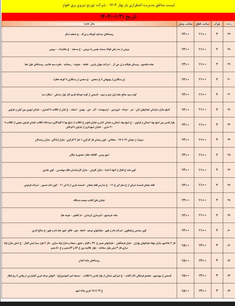 جدول خاموشی برق اهواز پنجشنبه ۲۱ فروردین