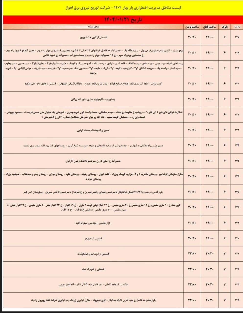 جدول خاموشی برق اهواز پنجشنبه ۲۱ فروردین