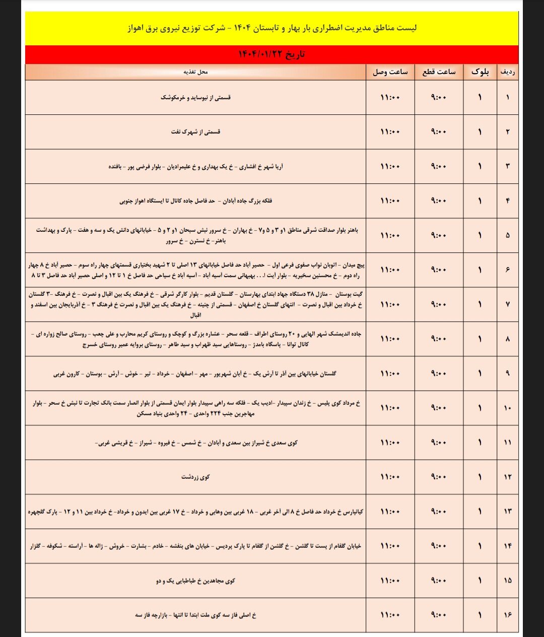 جدول خاموشی برق اهواز جمعه ۲۲ فروردین