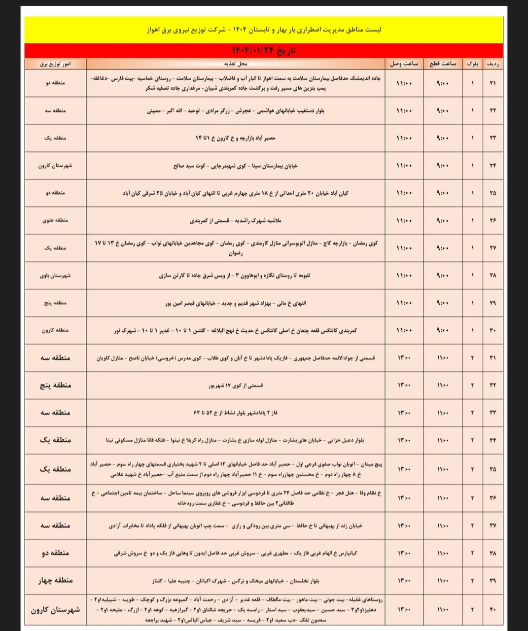 جدول خاموشی برق اهواز یکشنبه ۲۴ فروردین
