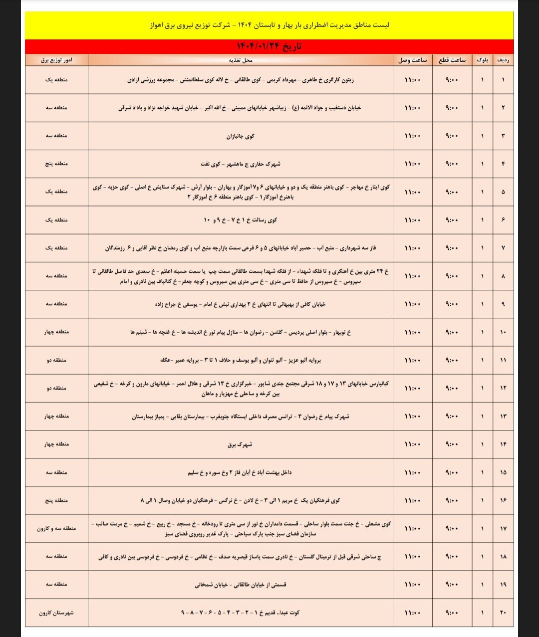 جدول خاموشی برق اهواز یکشنبه ۲۴ فروردین