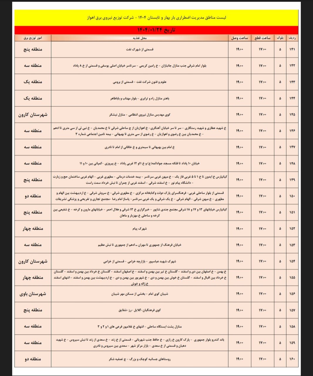 جدول خاموشی برق اهواز یکشنبه ۲۴ فروردین