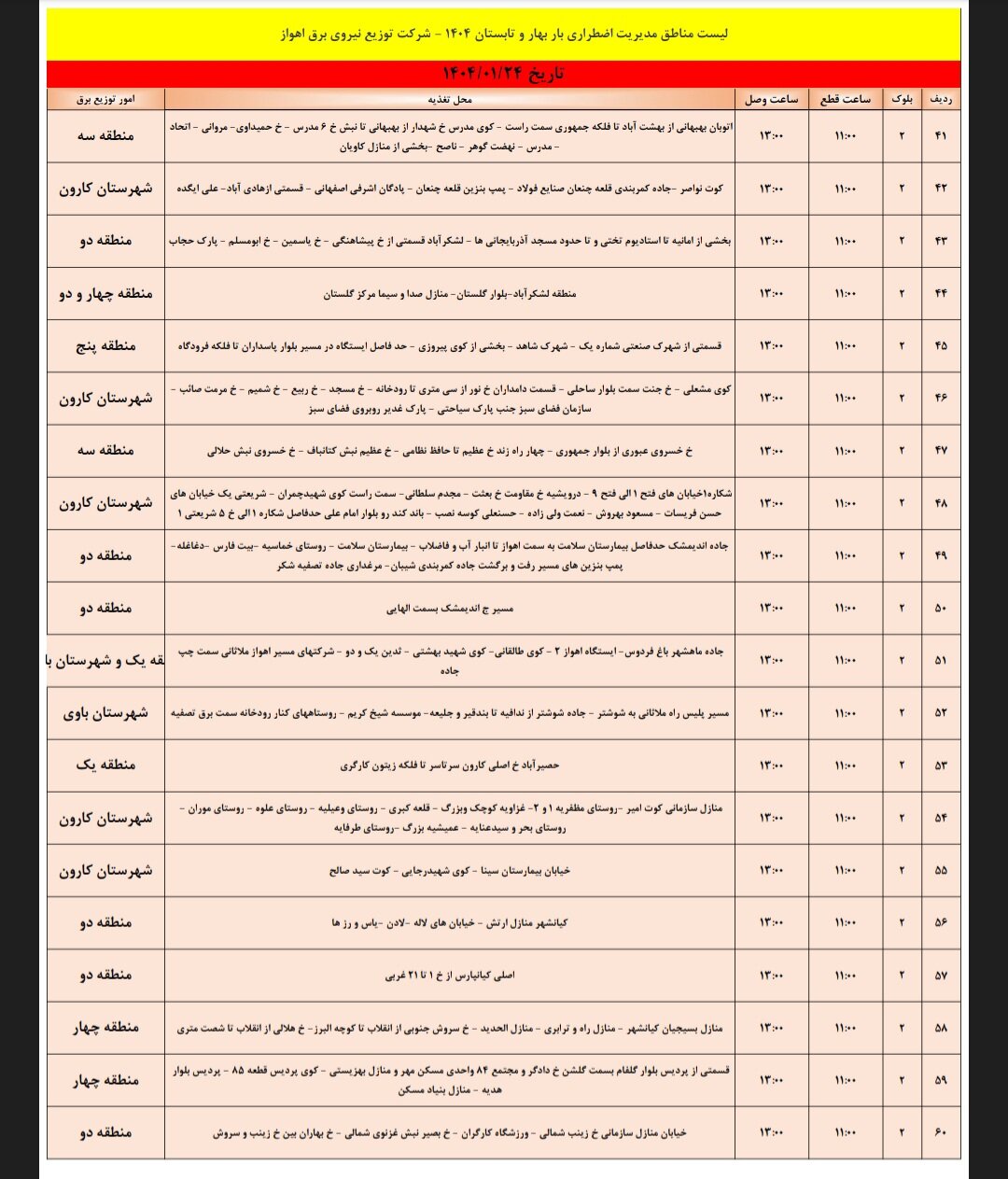 جدول خاموشی برق اهواز یکشنبه ۲۴ فروردین