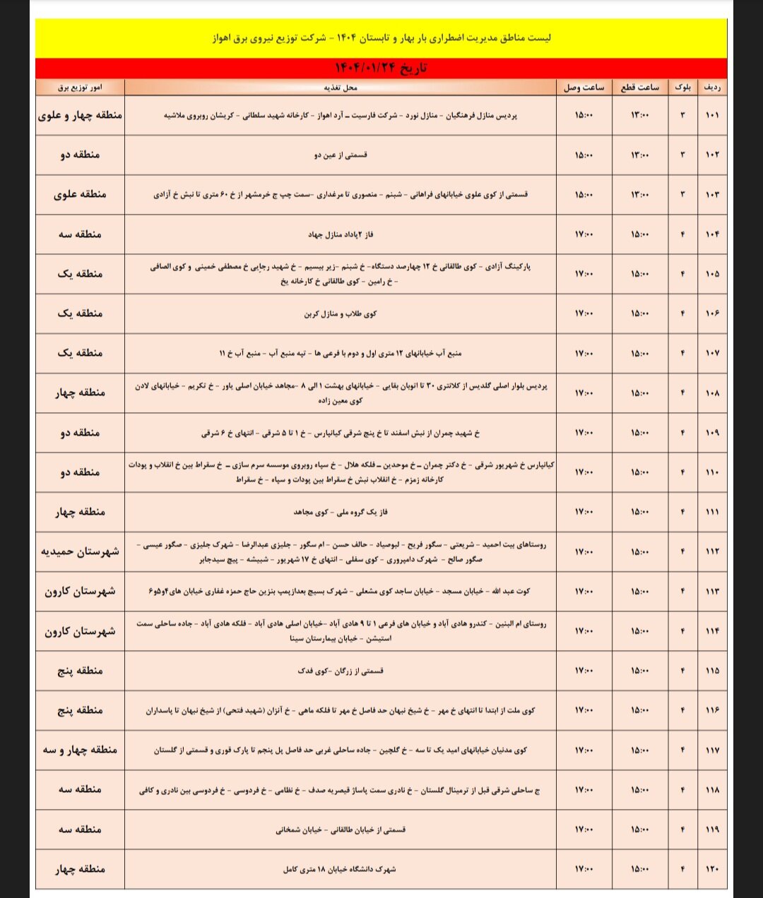 جدول خاموشی برق اهواز یکشنبه ۲۴ فروردین
