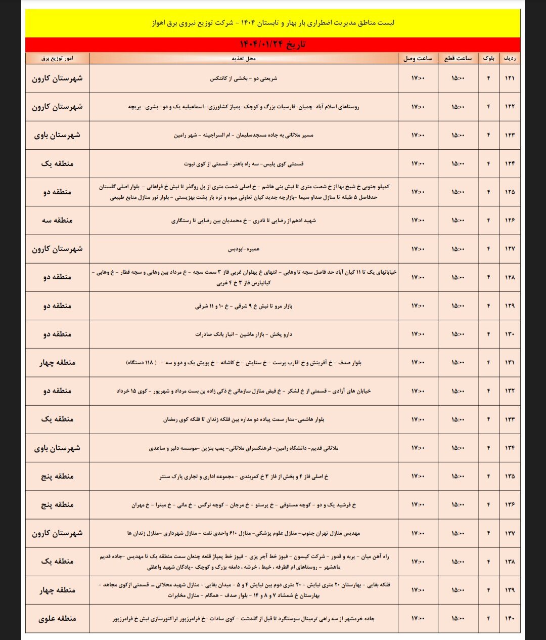 جدول خاموشی برق اهواز یکشنبه ۲۴ فروردین