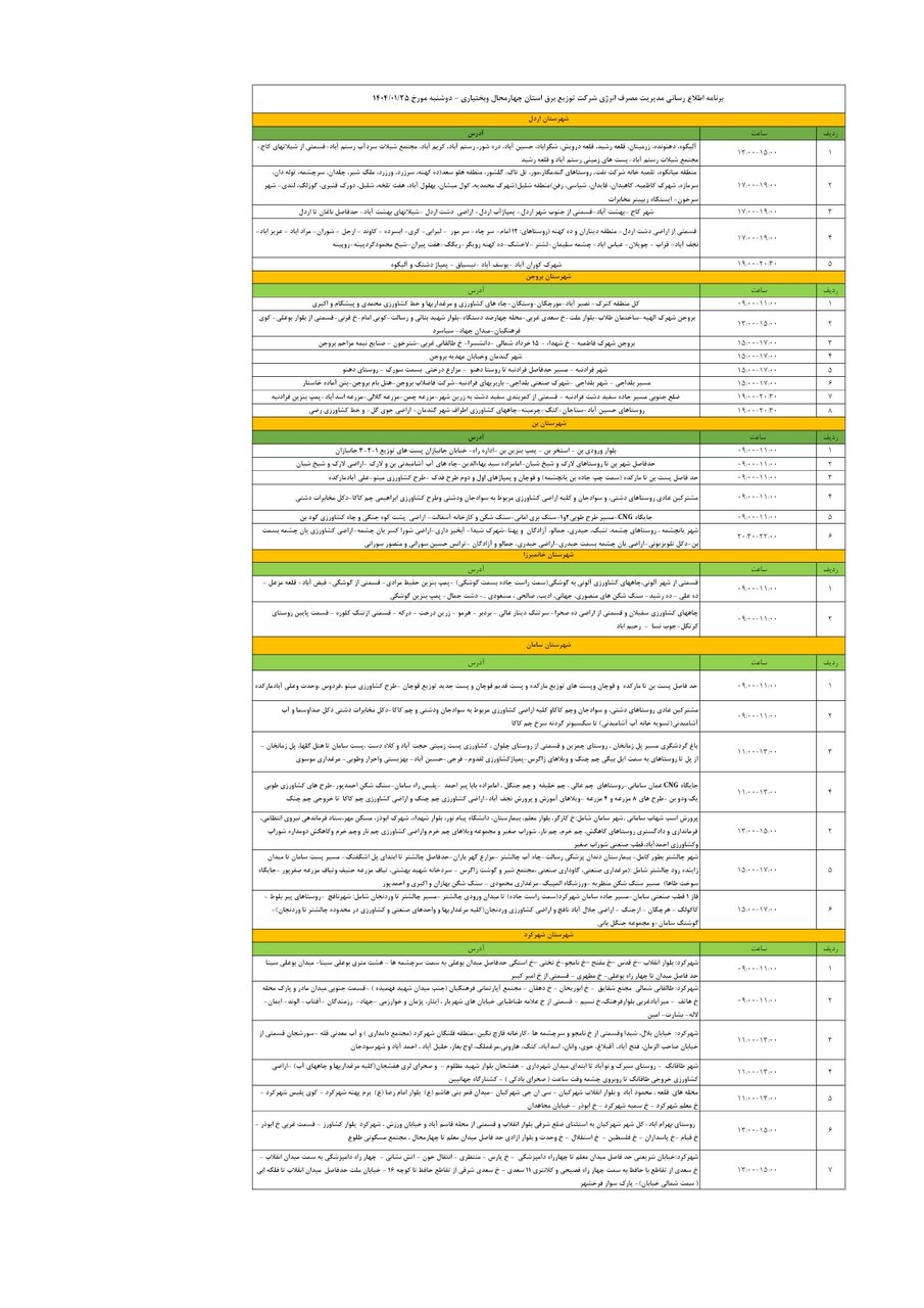 برنامه قطعی برق چهارمحال و بختیاری دوشنبه ۲۵ فروردین + جدول