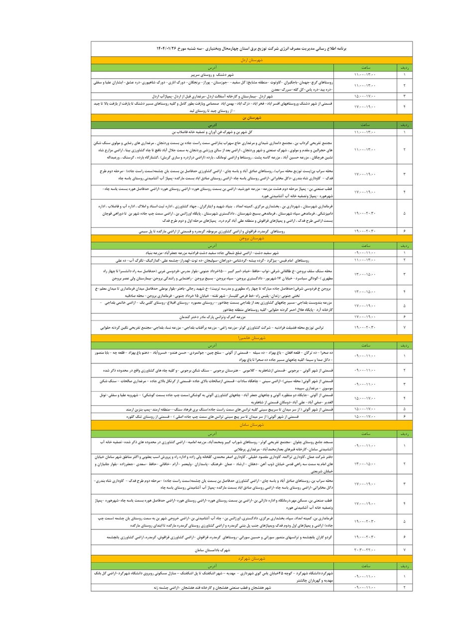 برنامه قطعی برق چهارمحال‌ و بختیاری‌ سه‌شنبه ۲۶ فروردین + جدول