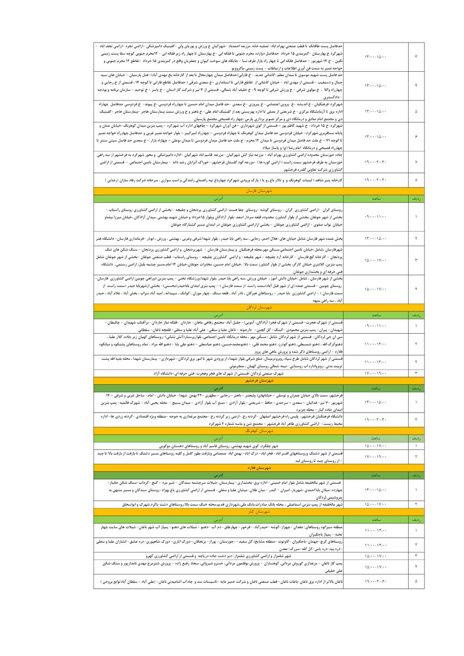 برنامه قطعی برق چهارمحال و بختیاری سهشنبه ۲۶ فروردین + جدول