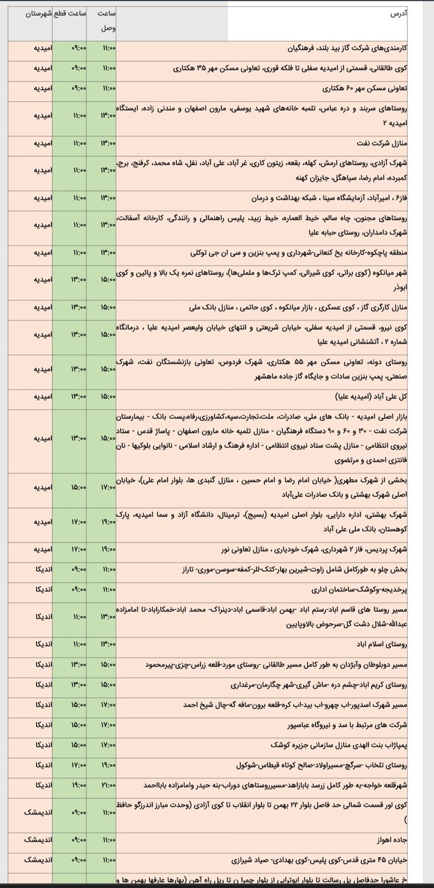 جدول خاموشی برق شهرهای خوزستان