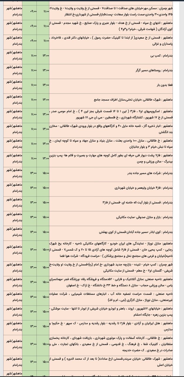 جدول خاموشی برق شهرهای خوزستان