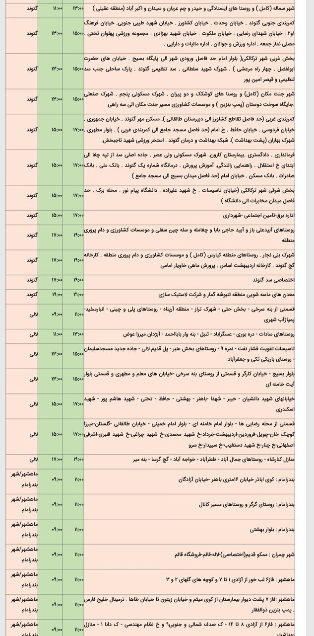 جدول خاموشی برق شهرهای خوزستان