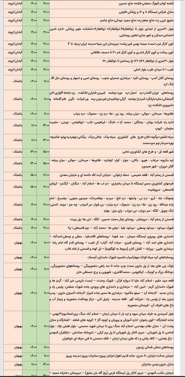 جدول خاموشی برق شهرهای خوزستان